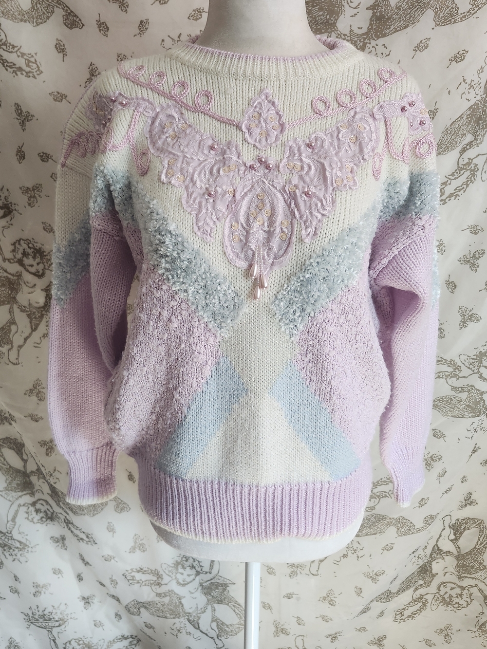 Vintage 80s Jaclyn Smith Pastel Embellished Knit Sweater Beaded Pearl